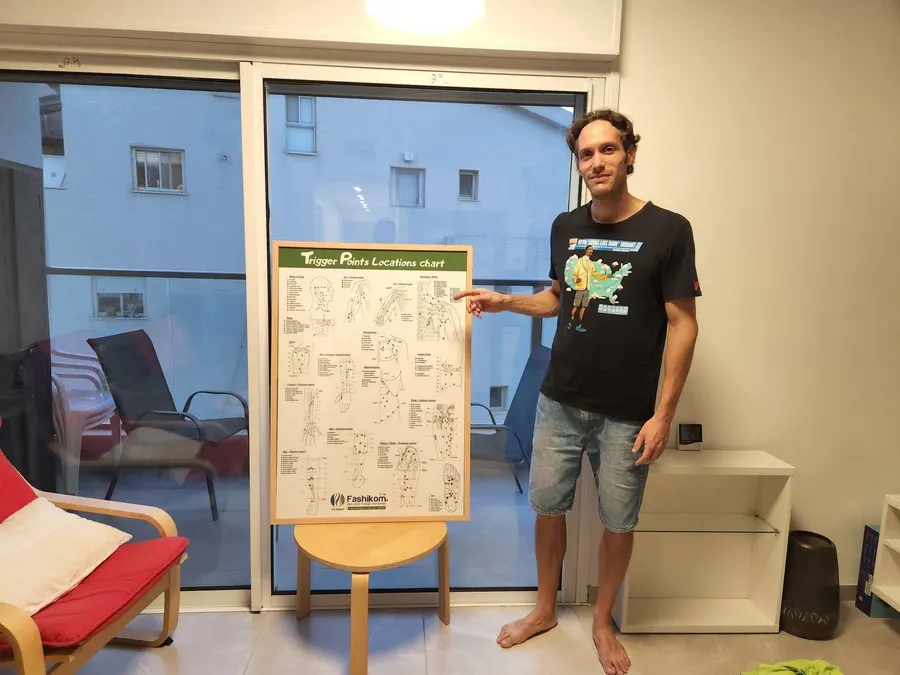 יואב מלמוד ליד מפת נקודות ה-Trigger Points שבבסיס שיטת פאשיקום